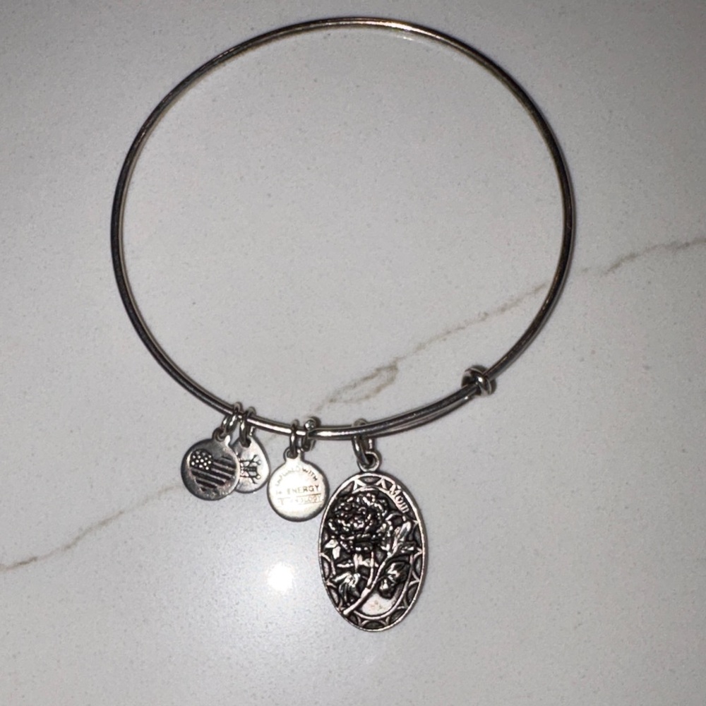 Alex and Ani Silver MOM Flower Oval Charm Bangle Bracelet - Women Jewelry